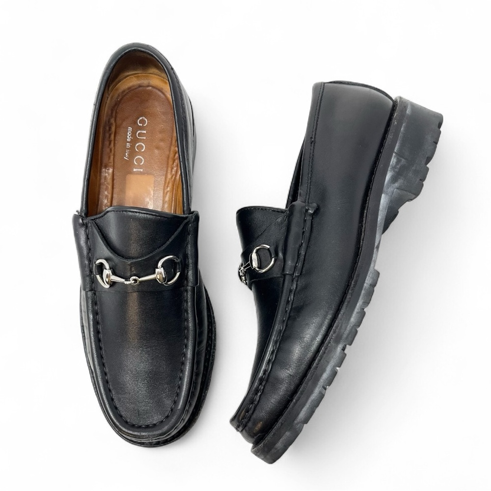 Vintage Gucci 90s Y2K Horsebit Loafers Shoes Black Leather Lug Sole Chunky 39 9 - Picture 1 of 12
